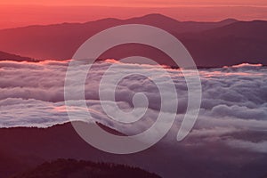 Breathtaking cloud sea at sunrise - dawn, Ceahlau Mountains, Romania