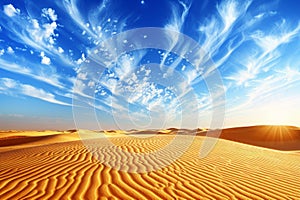 Breathtaking desert landscape featuring deep blue sky and vivid golden sand dunes