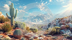 Breathtaking desert landscape featuring mountains, cacti, and vibrant vegetation under a clear blue sky photo