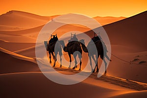 Breathtaking desert sunset view with camels trekking on sand dunes under pink skies