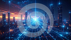 A breathtaking digital art representation of a futuristic hyperconnected metropolis bathed in the glowing light of sunset and