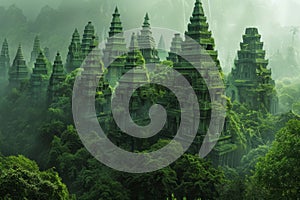A breathtaking digital artwork of jade-colored spires, ancient and overgrown with lush green foliage, nestled in a misty