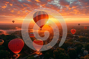 Breathtaking display of hot air balloons taking flight at dawn, carrying passengers high above the landscape in a