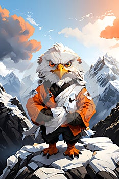 Alpine Aviators Anthropomorphic White Eagles in Himalayan Workwear, Perched atop the Majestic Mount photo