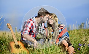 Breathtaking feelings. Hiking romance. Couple happy cuddling nature background. Boyfriend and girlfriend with guitar in