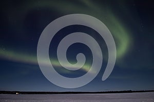 Breathtaking green dancing aurora borealis in the dark sky in Levi, lapland, Northern Finland. Green streaks of nothern lights