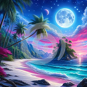 A breathtaking hidden island, with white sandy beach, palm tree, moonlight, blue and pink sky, wildplants, painting art photo