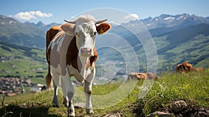 Breathtaking image of a cow peacefully grazing in a meadow with snow-capped mountains in the background. Generative AI