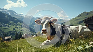 Breathtaking image of a cow peacefully grazing in a meadow with snow-capped mountains in the background. Generative AI