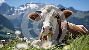 Breathtaking image of a cow peacefully grazing in a meadow with snow-capped mountains in the background. Generative AI