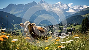 Breathtaking image of a cow peacefully grazing in a meadow with snow-capped mountains in the background. Generative AI