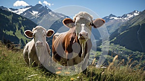 Breathtaking image of a cow peacefully grazing in a meadow with snow-capped mountains in the background. Generative AI