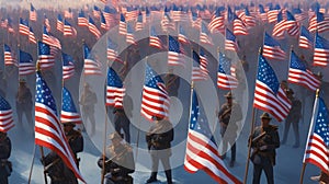 March of Valor: Soldiers Carrying American Flags in a Misty Dawn photo