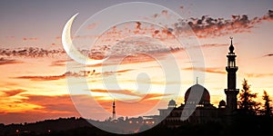 Crescent moon with sunset background and light from the sky