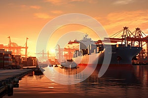 A breathtaking image of a massive cargo ship surrounded by the tranquil beauty of the harbor during a mesmerizing sunset, Cargo