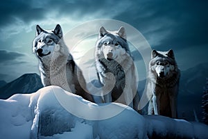 A majestic pack of wolves under a full moon in a vast, snow-covered landscape