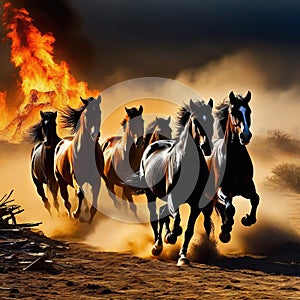 This breathtaking image shows four wild horses running through a landscape of destruction and symbols of famine and