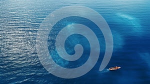 An awe-inspiring aerial shot of a lone fishing boat navigating the vast expanse of the ocean.