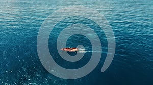 An awe-inspiring aerial shot of a lone fishing boat navigating the vast expanse of the ocean.