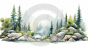 Hazy Watercolor Landscape With Trees And Rocks photo