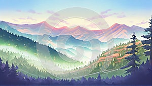 A breathtaking landscape illustration of a mountain range covered with a dense pine forest, with vibrant green trees and