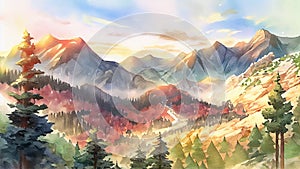 A breathtaking landscape illustration of a mountain range covered with a dense pine forest, with vibrant green trees and