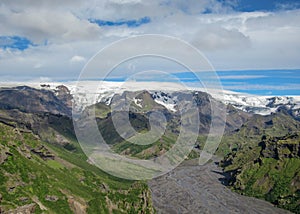 Breathtaking landscape of Myrdalsjokull glacier, trekking trail in Thorsmork, southern Iceland