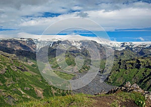 Breathtaking landscape of Myrdalsjokull glacier, trekking trail in Thorsmork, southern Iceland