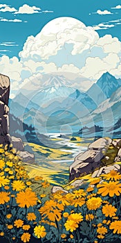 Expansive Landscape With Yellow Flowers And Mountains In Becky Cloonan Style photo