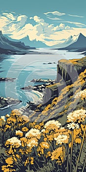 Yellow Print On Hill: A Panoramic Canvas With Calm Waters And Detailed Mountains photo