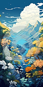 Vibrant Cartoon Illustration Of A Blue Lake And Mountains photo