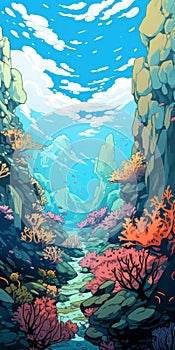Cartoon Ocean Illustration With Coral Reefs - Uhd Image photo