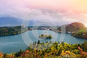 Breathtaking long exposure aerial panoramic view of Lake Bled, Slovenia, Europe (Osojnica)