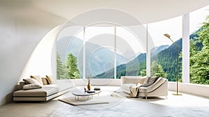breathtaking luxury futuristic interior, sci-fi eco concept, natural materials, light interior design with huge windows, panoramic