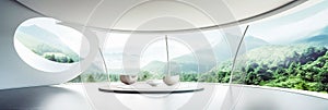 breathtaking luxury futuristic interior, sci-fi eco concept, natural materials, light interior design with huge windows, panoramic