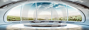 breathtaking luxury futuristic interior, sci-fi eco concept, natural materials, light interior design with huge windows, panoramic