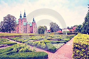 Breathtaking magical landscape with park patterns in famous Rosenborg Castle in Copenhagen, Denmark. Exotic amazing places.