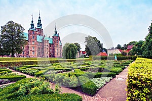 Breathtaking magical landscape with park patterns in famous Rosenborg Castle in Copenhagen, Denmark. Exotic amazing places.