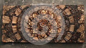 A breathtaking mandala constructed from a variety of different textured tree bark formed into a striking geometric