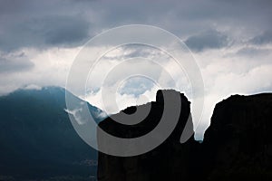 Breathtaking Meteora rocks in clouds, near Kalabaka, Greece