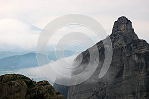 Breathtaking Meteora rocks in clouds, near Kalabaka, Greece