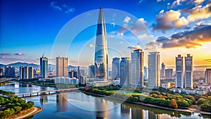 Breathtaking Minimalist View of Seouls Skyline Featuring the Iconic Lotte World Tower and Cityscape photo