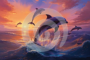 Breathtaking moment of three dolphins leaping out of the water against the backdrop of a stunning sunset, A pod of dolphins