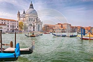 Breathtaking morning cityscape of Venice with famous Canal Grande and Basilica di Santa Maria della Salute church