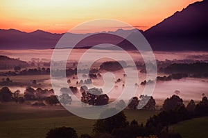 Breathtaking morning lansdcape of small bavarian village covered in fog. Scenic view of Bavarian Alps at sunrise with majestic mou