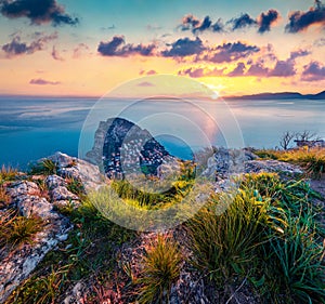 Breathtaking morning view of Zafferano cape. Spectacular spring seascape of Mediterranean sea, Sicily, Italy, Europe.