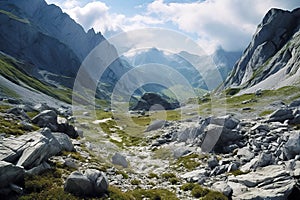 a breathtaking mountain landscape with jagged peaks, green valleys, and rocky terrain under a partly cloudy sky