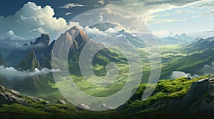 Breathtaking Mountain Valley Landscape In Anime Style