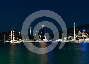 Breathtaking night view towards the Ionion sea and yachts, Vathy, Ithaka