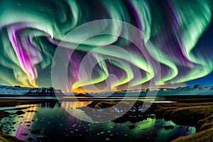 Breathtaking northern lights over a lake generated by ai